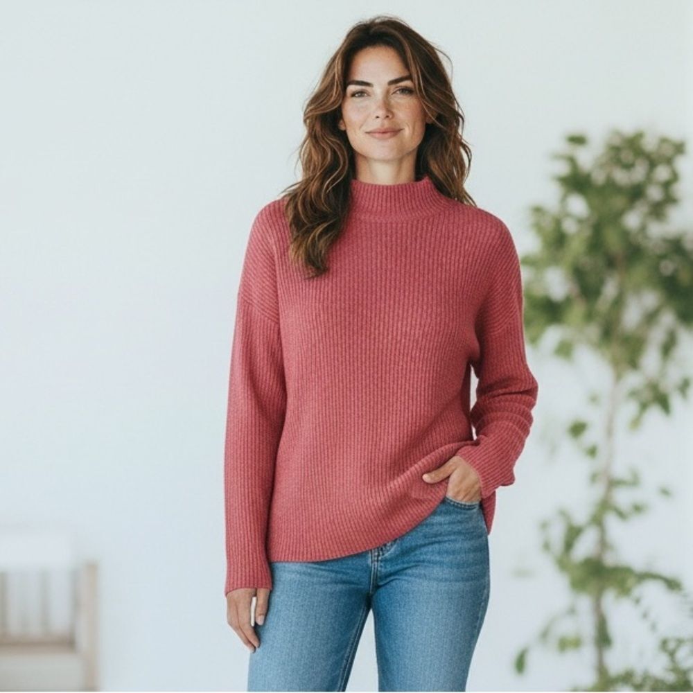 Vintage Jeanne Pierre Pink Knit Cotton Mock Turtleneck Sweater M Medium